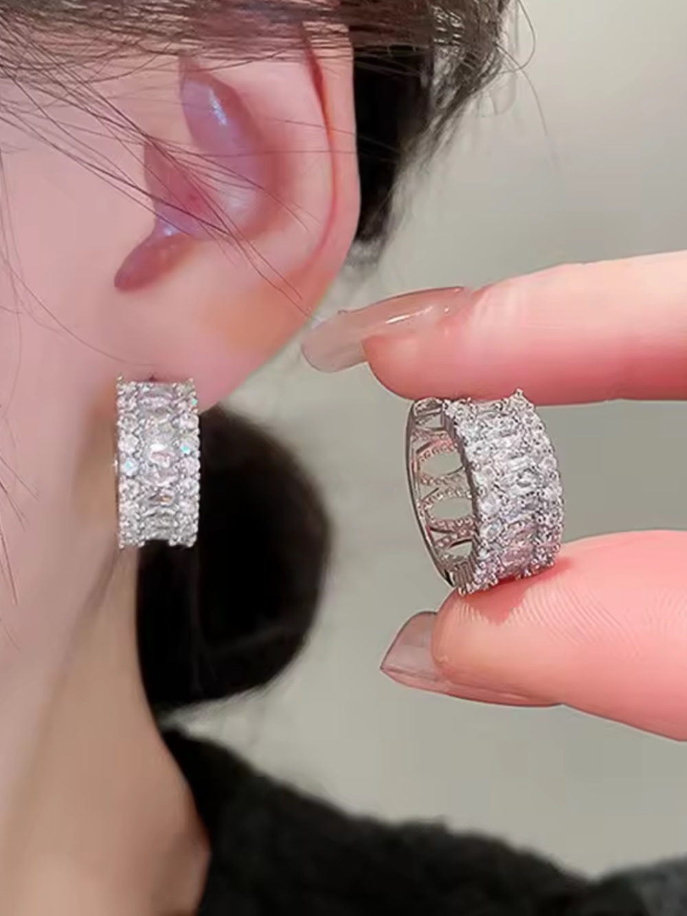 Pavé Crystal Wide Hoop Earrings - Silver Tone